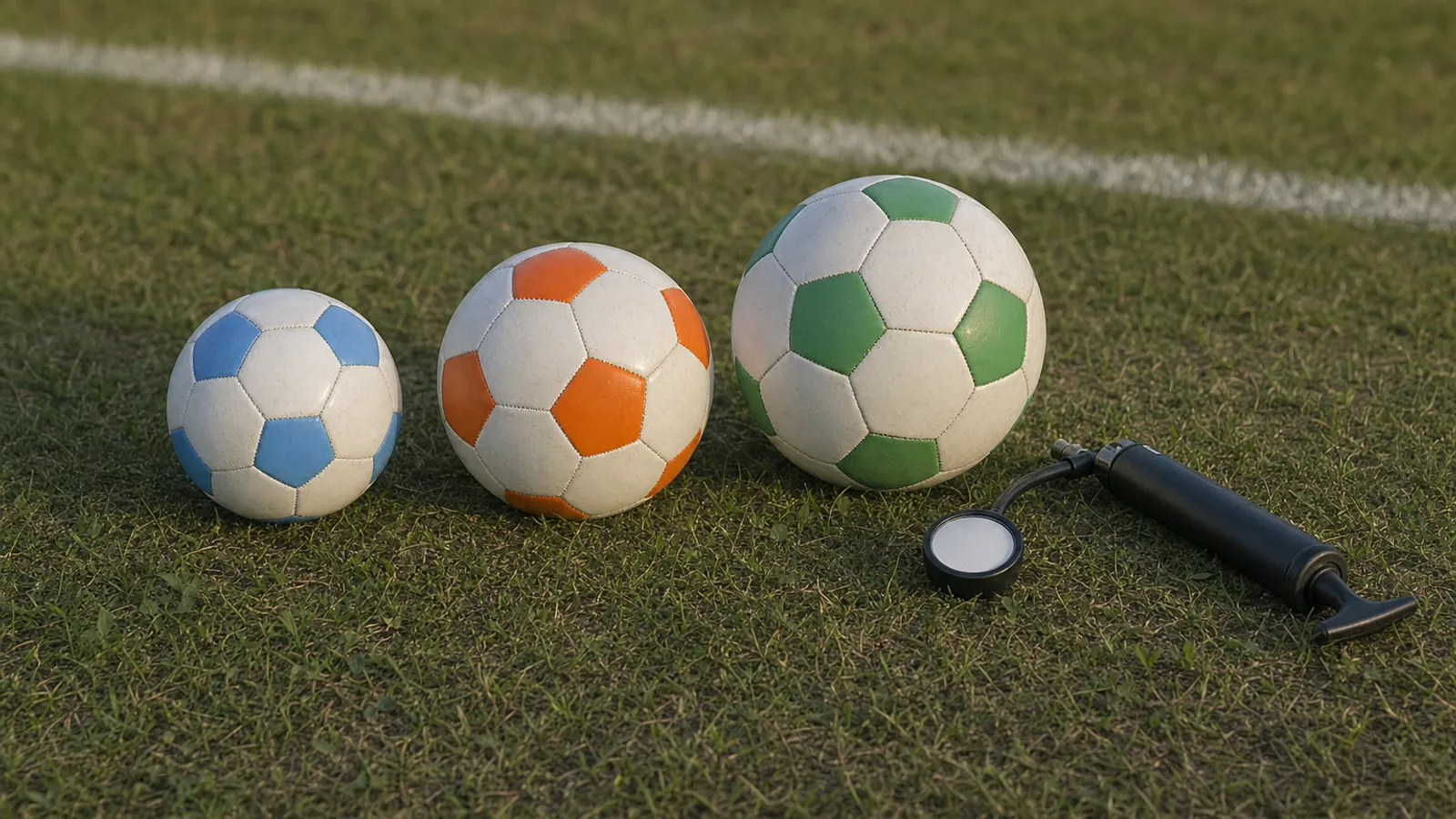 Drei Kinderfußbälle unterschiedlicher Größe liegen nebeneinander auf dem Rasen am Spielfeldrand, daneben eine Ballpumpe mit Manometer.