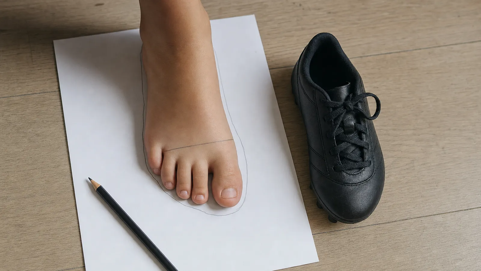 Ein Kinderfuß steht auf einem Blatt Papier mit Bleistiftumriss, daneben ein Fußballschuh.