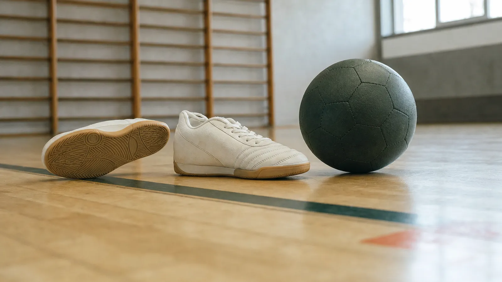 Ein Paar Hallenschuhe mit heller Gummisohle steht neben einem Futsalball auf dem Hallenboden.