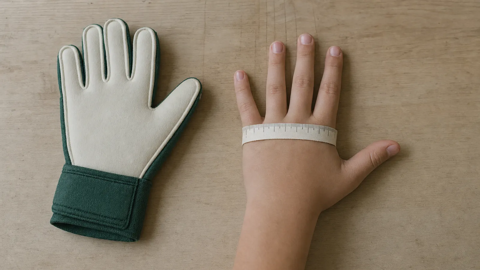 Eine Kinderhand wird mit einem Maßband an der breitesten Stelle ohne Daumen gemessen, daneben liegt ein Torwarthandschuh.