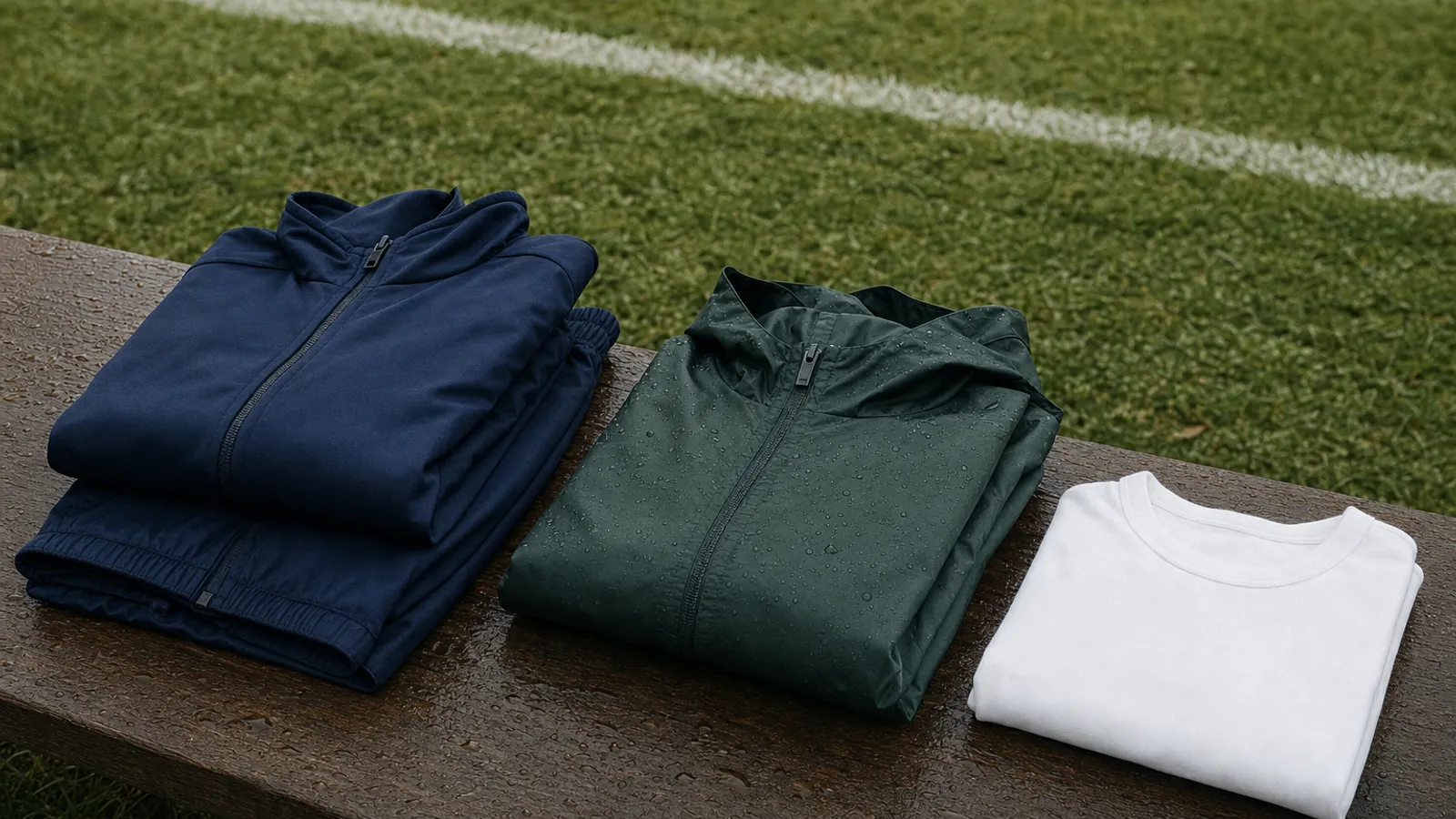 Ein gefalteter Kinder-Trainingsanzug, eine Regenjacke und ein langärmliges Unterziehshirt liegen auf einer nassen Bank am Spielfeldrand.