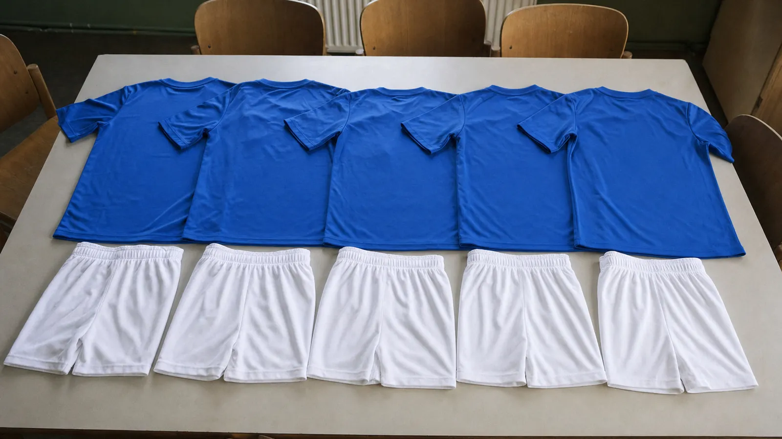 Mehrere gleiche Kindertrikots in einer Vereinsfarbe mit passenden kurzen Hosen liegen aufgereiht auf einem Tisch im Vereinsheim.
